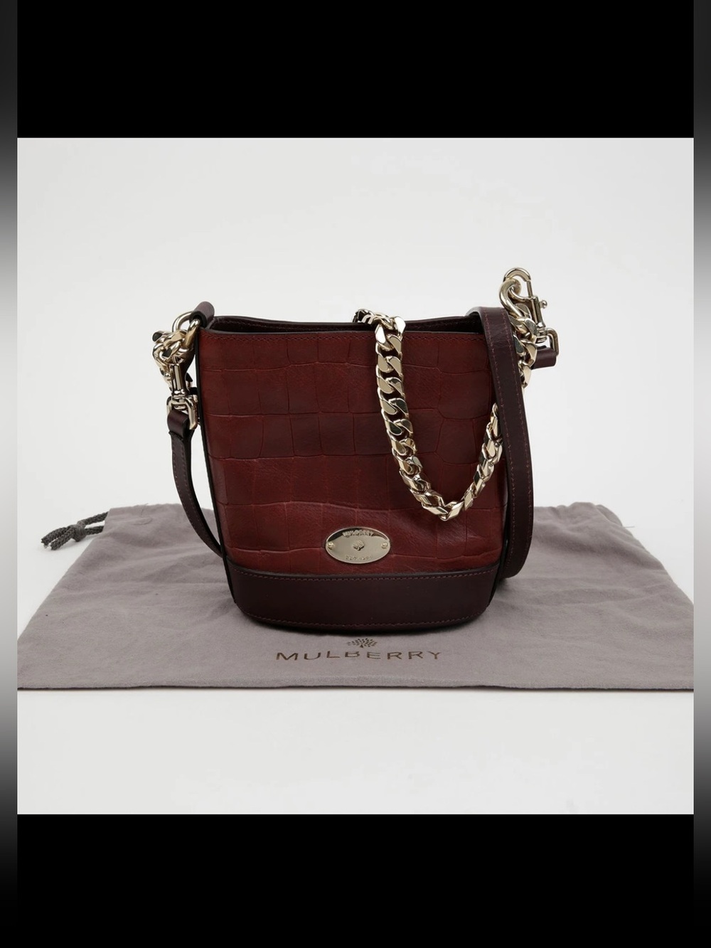 Mulberry Croc-Embossed Leather Crossbody Bucket Bag in Burgundy with Gold Chain